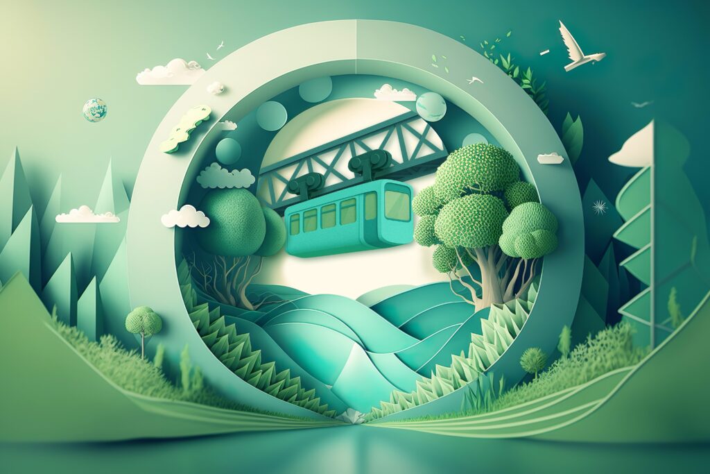 paper art , renewable energy with green energy as wind turbines , renewable energy by 2050 carbon neutral energy , energy consumption and co2, reduce co2 emission concept